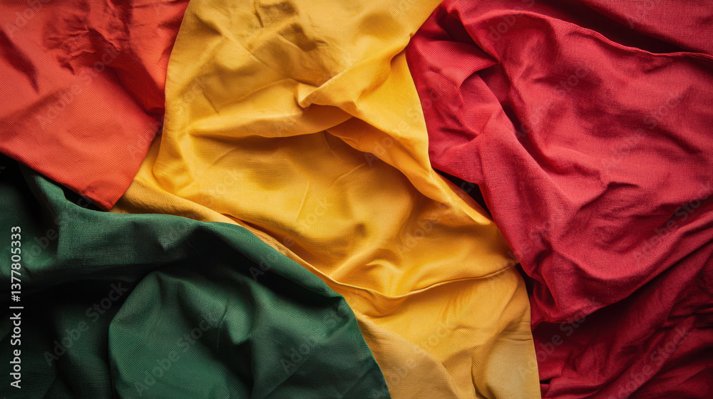 Vibrant crumpled fabric in red, yellow, and green colors creates dynamic visual texture, evoking sense of energy and warmth Vibrant crumpled fabric in red, yellow, and green colors creates dynamic visual texture, evoking sense of energy and warmth