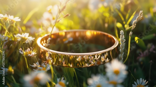 A golden decorative bangle rests among the sunny field flowers