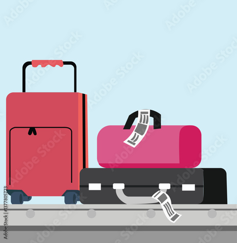 suitcase set on conveyor belt. Baggage claim at terminal airport travel bags 