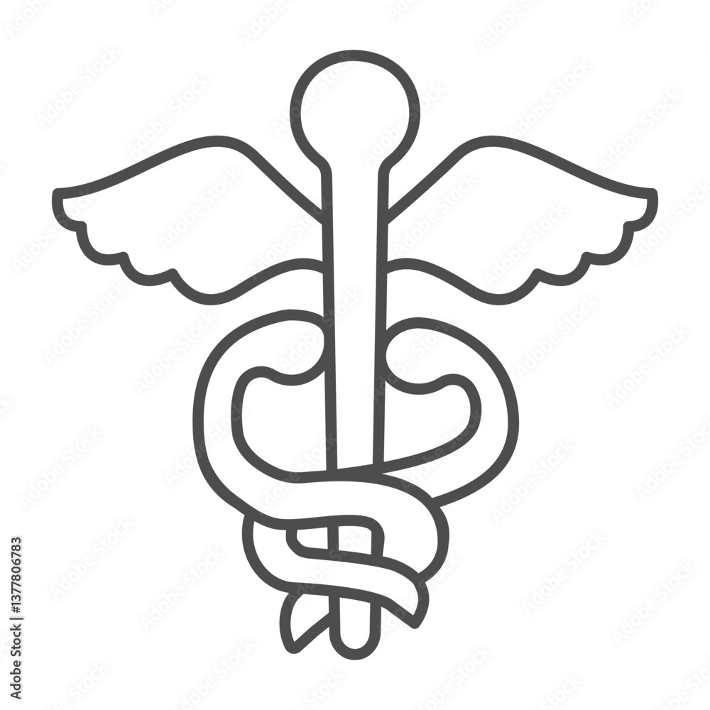 Caduceus thin line icon, pharmacy concept. Vector graphics. Pin with wings and snakes, medical sign on white background, outline style icon for mobile or web design.
