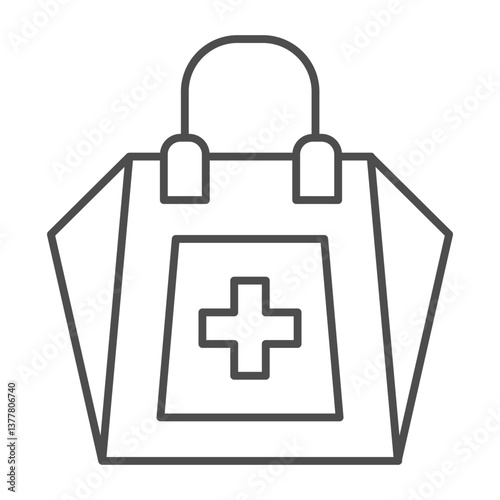 Paper bag with medical cross thin line icon, pharmacy concept. Vector graphics. Pharmacy shopping bag, medicine sign on white background, outline style icon for mobile or web design.