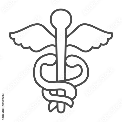 Caduceus thin line icon, pharmacy concept. Vector graphics. Pin with wings and snakes, medical sign on white background, outline style icon for mobile or web design.