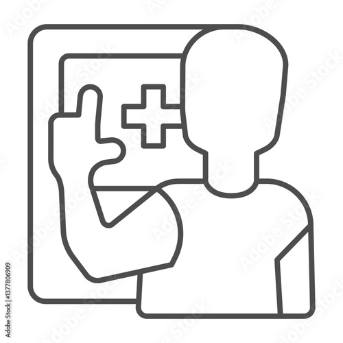 Customer man with medical machine thin line icon, pharmacy concept. Vector graphics. Man with touch screen and medical cross sign on white background, outline style icon for mobile or web design.