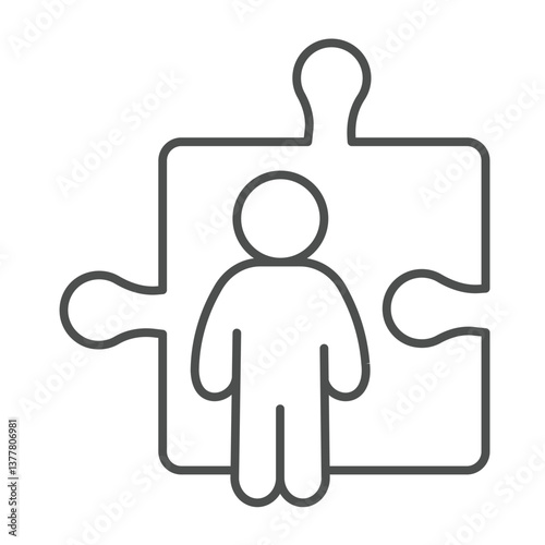Man and large puzzle piece thin line icon, design recruitment concept. Vector graphics. Puzzle game, human recourse sign on white background, outline style icon for mobile or web design.