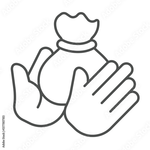 Bounty bag in hands thin line icon, design recruitment concept. Vector graphics. Hands with salary sack, money reward sign on white background, outline style icon for mobile or web design.