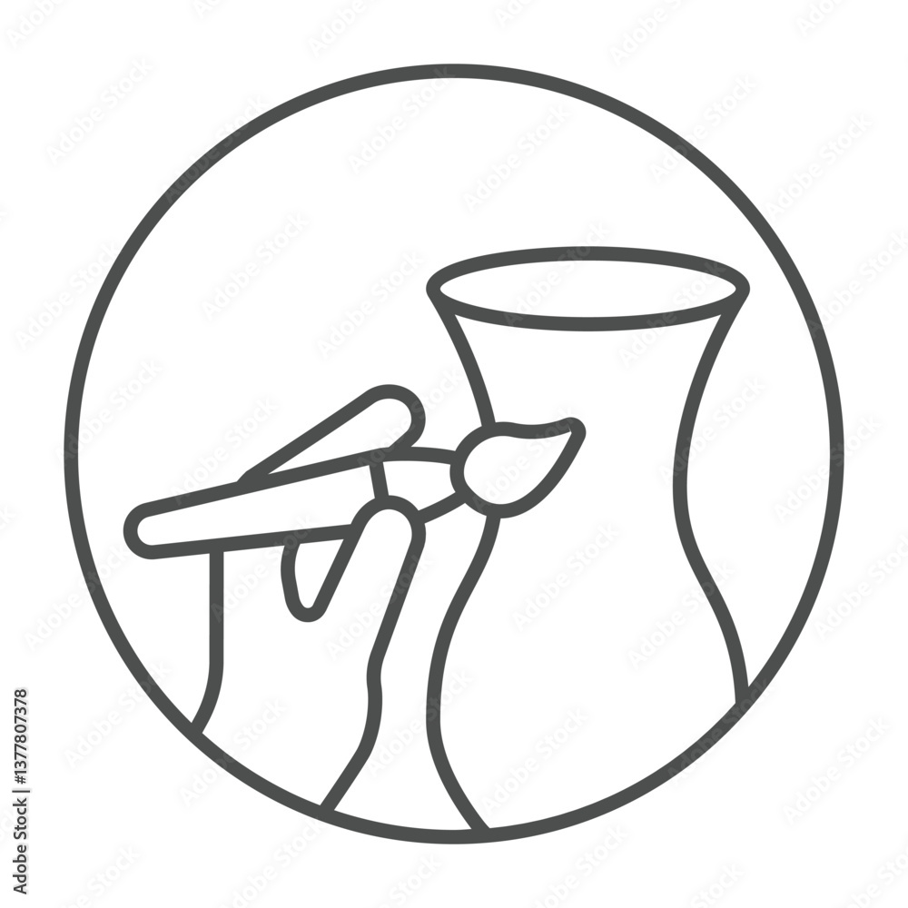 Clay jug and hand with brush thin line icon, pottery making concept. Vector graphics. Artistic painting for clay product sign on white background, outline style icon for mobile or web design. Clay jug and hand with brush thin line icon, pottery making concept. Vector graphics. Artistic painting for clay product sign on white background, outline style icon for mobile or web design.