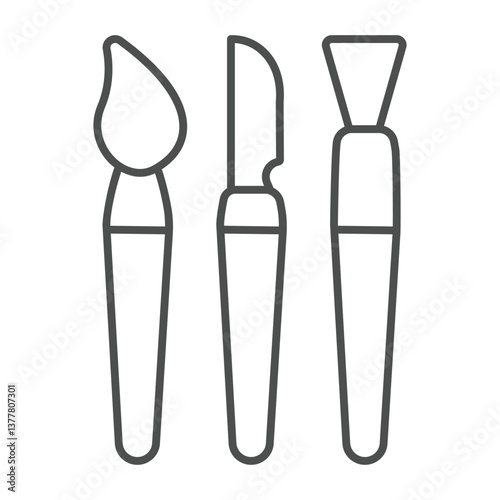 Scoop tool and brushes thin line icon, pottery making concept. Vector graphics. Set of tools for working with clay sign on white background, outline style icon for mobile or web design.