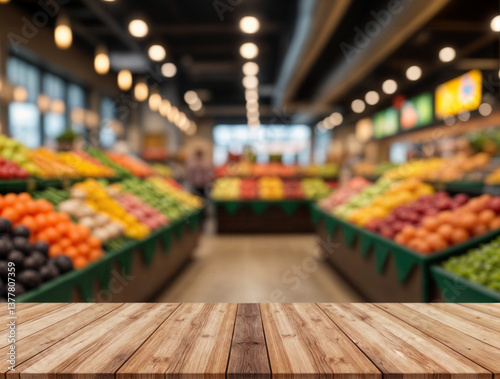 Empty wooden table in front with blurred fresh vegetable zone in the supermarket is background