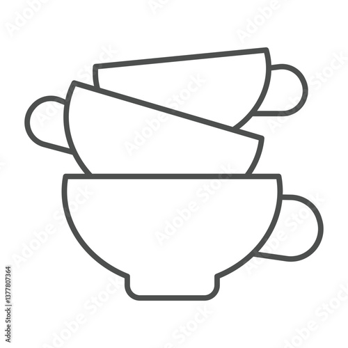 Ceramic cups thin line icon, pottery making concept. Vector graphics. Three cups stack, fragile product sign on white background, outline style icon for mobile or web design.