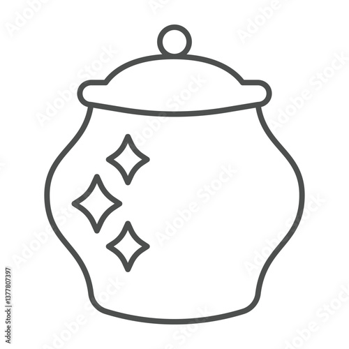 Lacquered pot with lid thin line icon, pottery making concept. Vector graphics. Polished ceramic pot, fragile product sign on white background, outline style icon for mobile or web design.