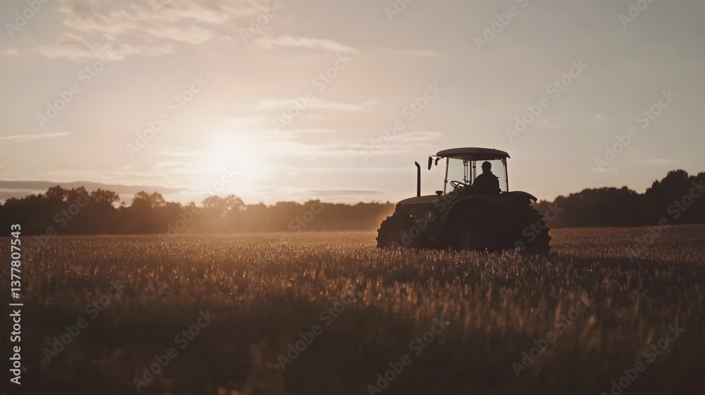 Fototapeta premium A tractor navigates a field of short grass during a peaceful sunset with contemporary cinematic lighting creating a tranquil idyllic scene