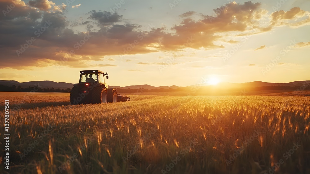 Fototapeta premium A tractor slowly making its way through a tranquil field of short grass bathed in the warm glow of a cinematic sunset landscape
