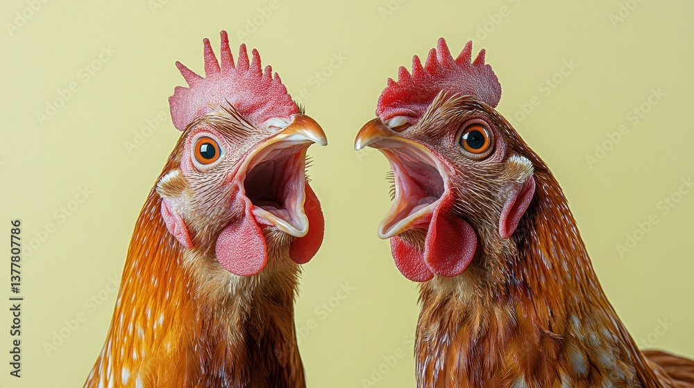 Naklejka premium Two red-rooster hens with open beaks on yellow background