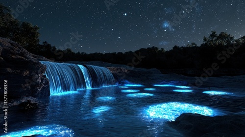 A peaceful sanctuary where moonlight casts reflections across glowing waterfalls and starry skies