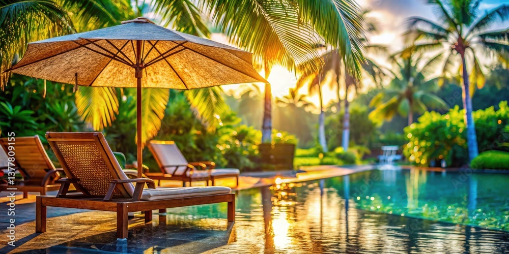 Fototapeta premium Macro Photography: Elegant Umbrella & Chair Poolside Paradise - Resort Coconut Palm Morning Serenity