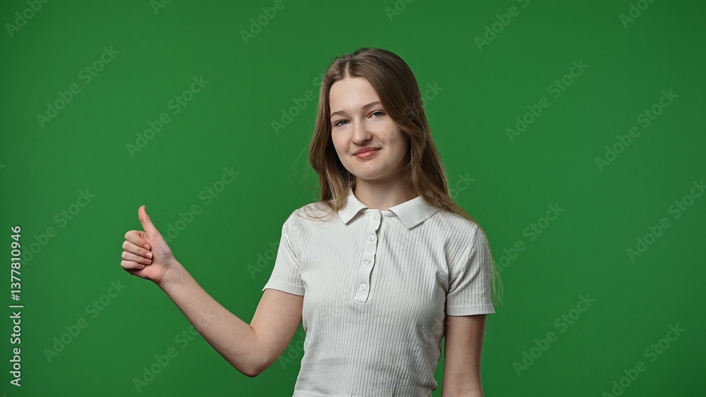 Teenage girl posing at camera smiling and showing thumb up like gesture, positive expression, isolated on chroma key green screen studio background mockup. Teenage girl posing at camera smiling and showing thumb up like gesture, positive expression, isolated on chroma key green screen studio background mockup.