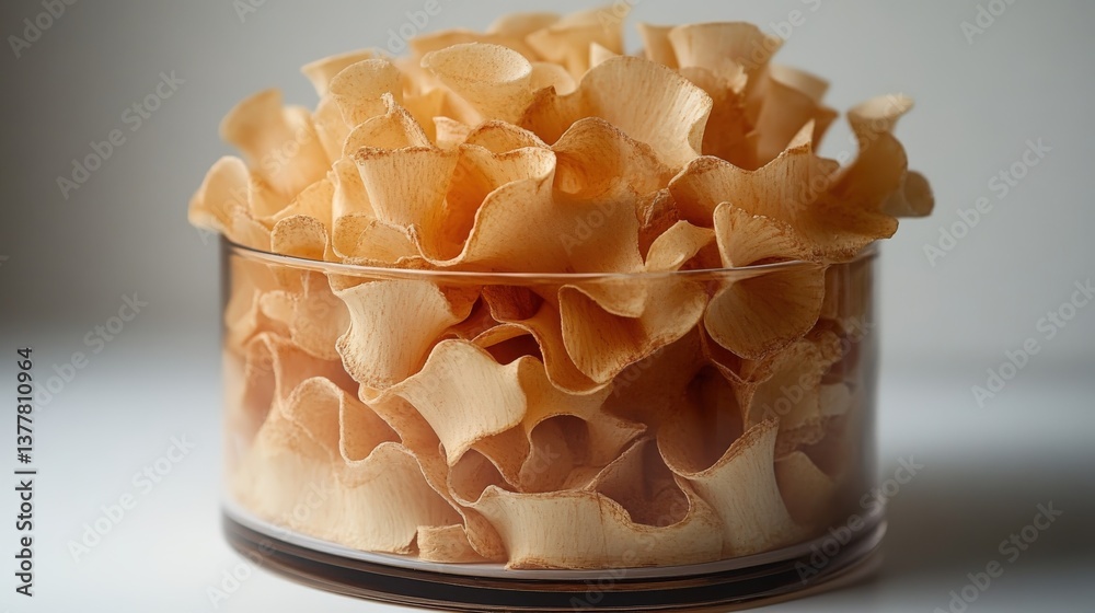 Decorative natural pet bedding chips displayed in a glass container on white backdrop Decorative natural pet bedding chips displayed in a glass container on white backdrop