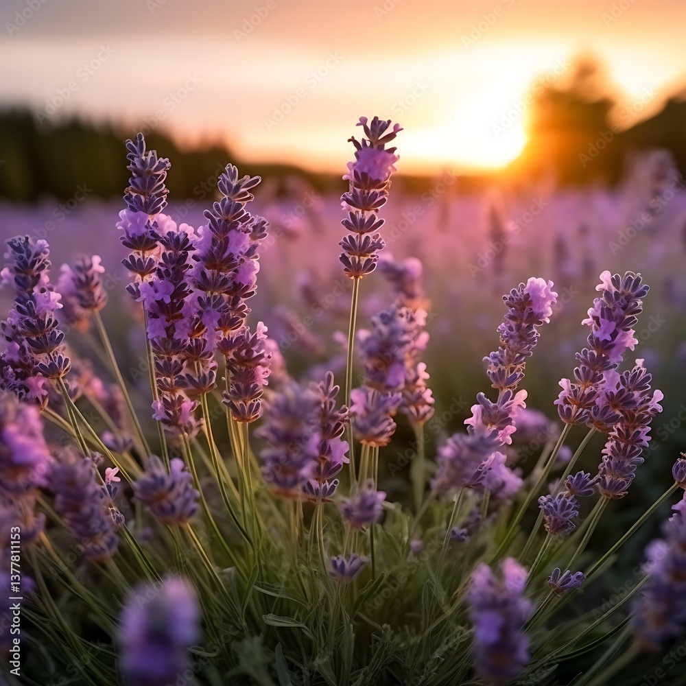 Obraz premium Lavender Flowers at Sunset Field Scene