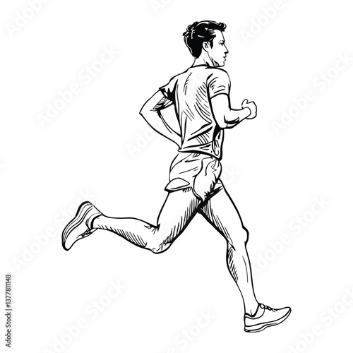 Marathon Runner Sketch Silhouette, Vector, Icon, Logo, White Background.