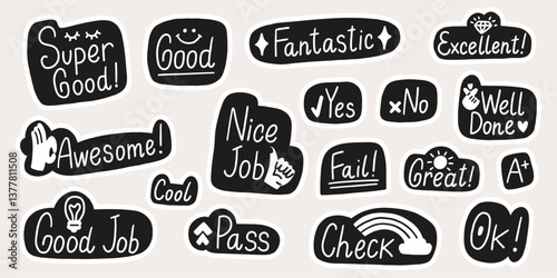 Doodle Sticker Good Job Great Icon Set. School Work Awesome Stamp. Excellent Sign Homework Quote. Vector Illustration