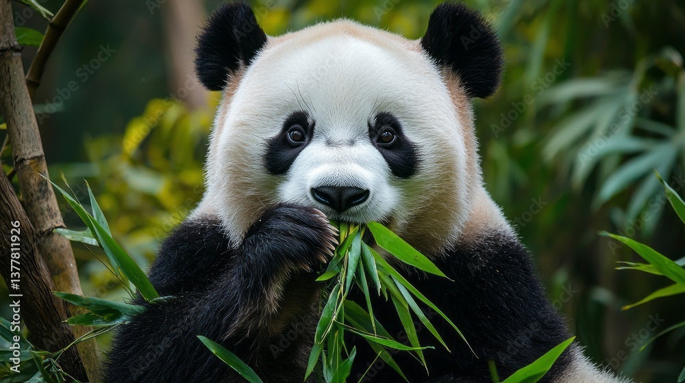 Fototapeta premium A panda bear is eating bamboo in a forest