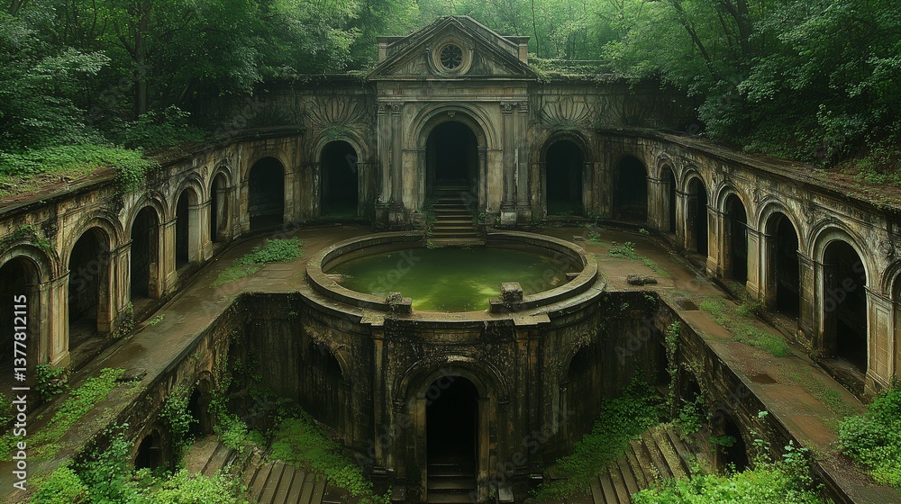 Obraz premium Abandoned Neoclassical Structure with Circular Pool