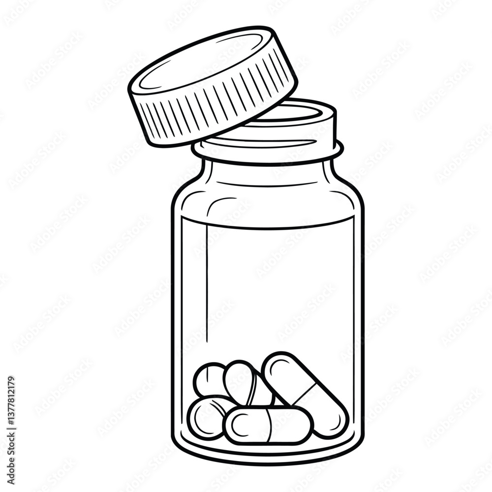 Pill Bottle Sketch Silhouette, Vector, Icon, Logo, White Background. Pill Bottle Sketch Silhouette, Vector, Icon, Logo, White Background.
