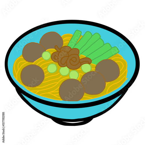 An illustration of a bowl of bakso, a traditional Indonesian meatball soup