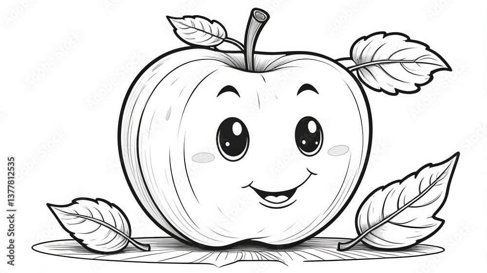 Obraz premium A black-and-white line art of a cute cartoon apple with a happy face and a little leaf on top, thick outlines, no color, white background, for kids coloring book