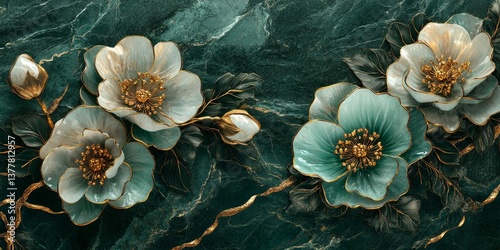 Elegant floral arrangement with white and teal flowers on a dark green marble textured background