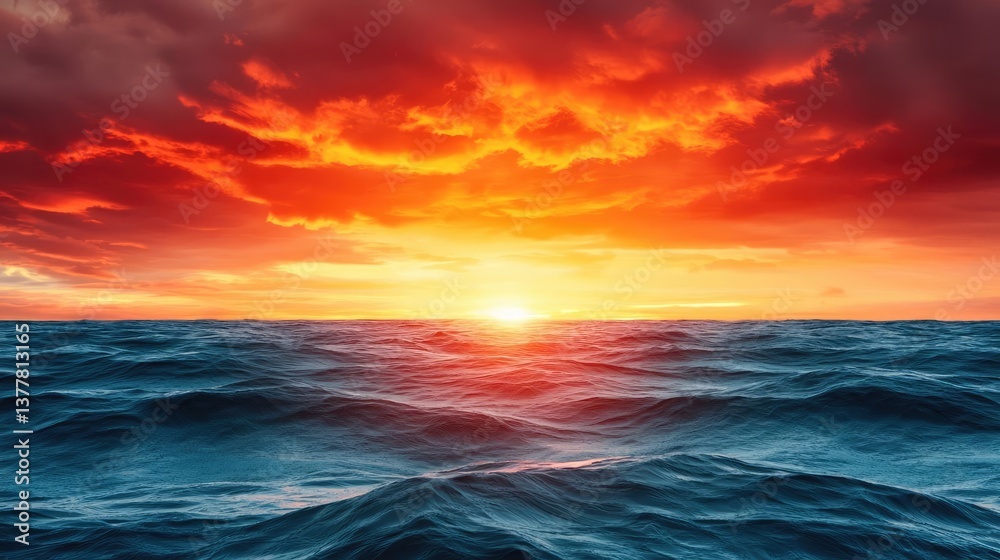 Fototapeta premium Sunset over the ocean scenic view with vibrant sky and dramatic dusk concept. Stunning sunset over ocean waves with vibrant colors and clouds.