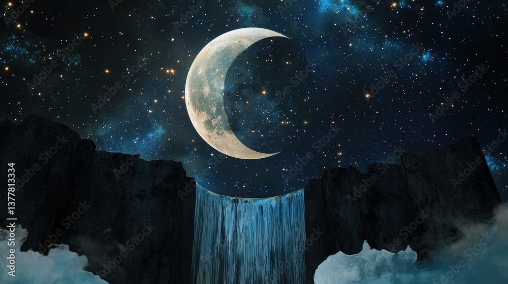 A hidden dream world where waterfalls fall upward to the moon, stars suspended in space around them