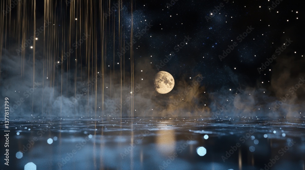 A luminous valley of glowing waterfalls, silver moon hanging low, stars reflected in the waters