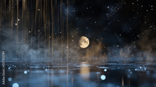 Obraz na płótnie A luminous valley of glowing waterfalls, silver moon hanging low, stars reflected in the waters w salonie