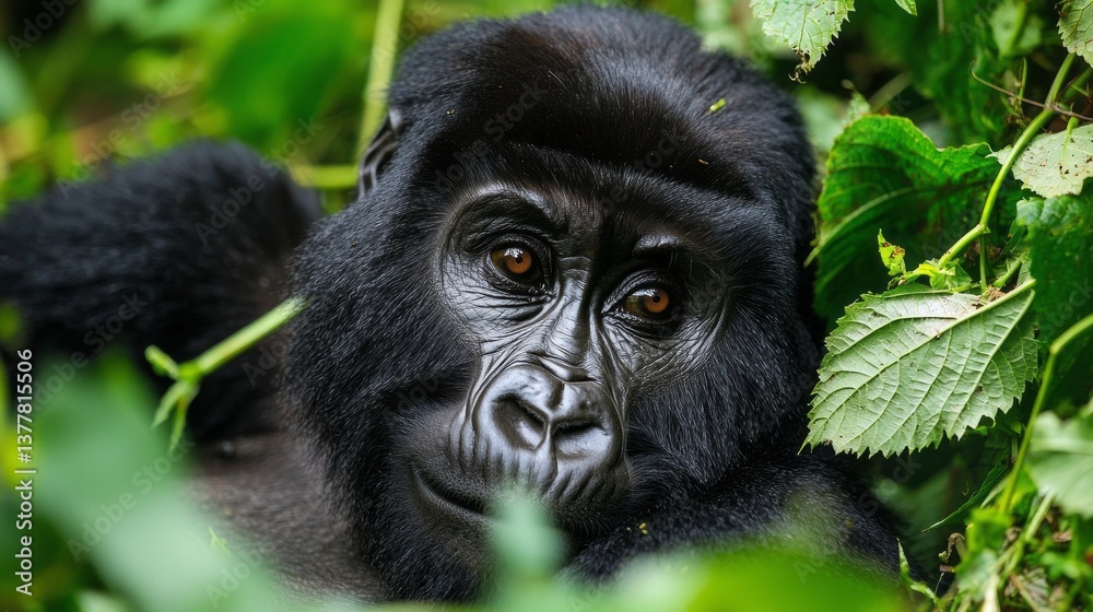 Obraz premium A baby black gorilla is laying in the grass