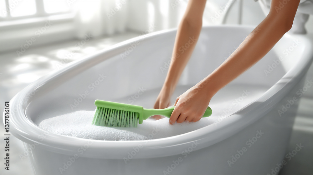 Naklejka premium a woman scrubbing a bathtub with a brush.