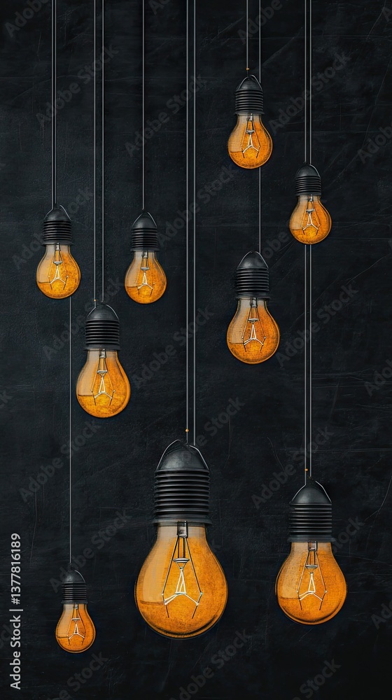 Hanging lightbulbs glow on a dark background, casting a warm light, creating depth and texture Hanging lightbulbs glow on a dark background, casting a warm light, creating depth and texture