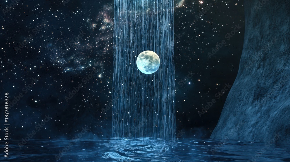 A secret dream chamber where water flows upward toward the moon, stars slowly turning around the fall