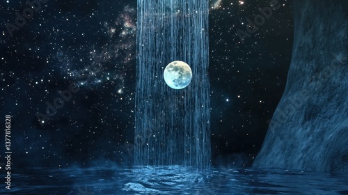 Obraz na płótnie A secret dream chamber where water flows upward toward the moon, stars slowly turning around the fall w salonie