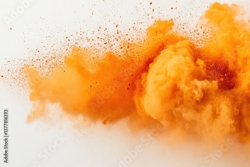 Orange powder explosion isolated on white background dynamic dust burst abstract motion effect