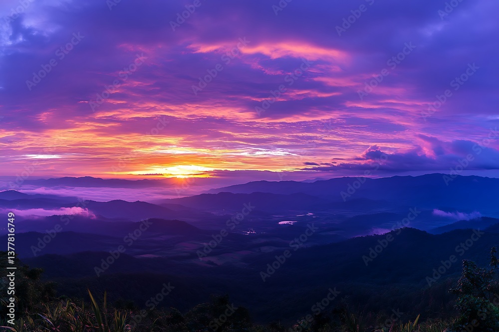 Fototapeta premium Scenic purple sunrise over majestic mountain range landscape with fog and bright sunlight