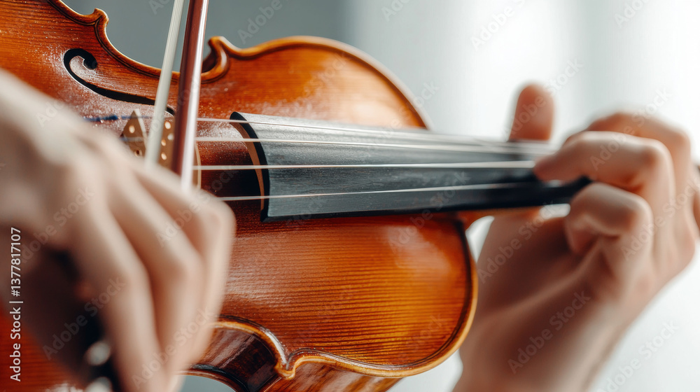 Fototapeta premium close up of violinist playing with graceful precision, showcasing intricate details of instrument and skillful movement of hands. warm tones of wood create inviting atmosphere