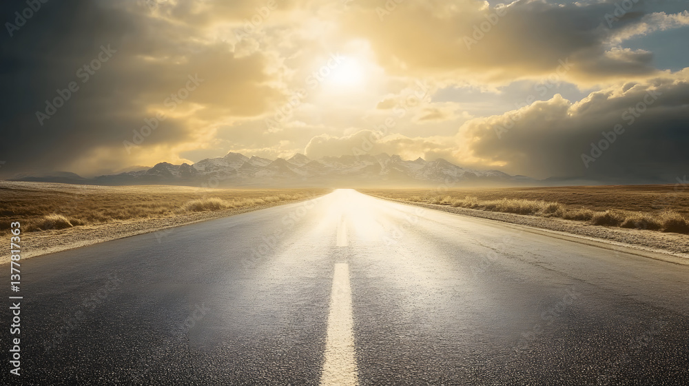 Naklejka premium A striking view of a long, empty road stretching toward distant mountains under a dramatic sky.
