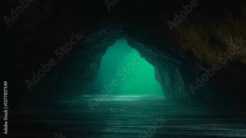 Enigmatic Cave Entrance with Glowing Water and Mystical Lighting