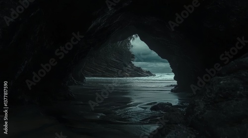 Mysterious Cave Entrance with Dark Rock Formation and Ocean View