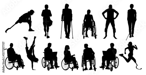 Silhouettes of diverse disabled people standing, walking, men, women sitting in wheelchair. Inclusive business concept. Vector black illustrations isolate