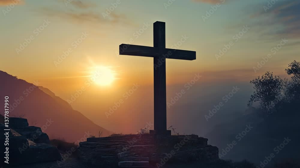Sunrise over a historic site featuring a cross and an ancient structure in a serene landscape