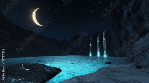 A peaceful alien lake surrounded by glowing waterfalls, lit by moon and constellations of a new galaxy