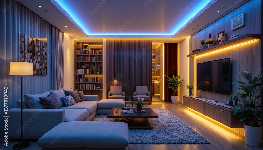 Naklejka premium Neon led strip light with Modern living room Contemporary house interior with comfortable sofa, table, bookshelf, tv. Stylish apartment design illuminated blue, purple, yellow neon light, create cozy