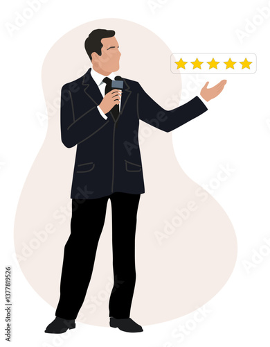 Business man leave five star rating and service satisfaction feedback. Young man in formal suit give a review rating and feedback. Vector realistic Illustration isolated